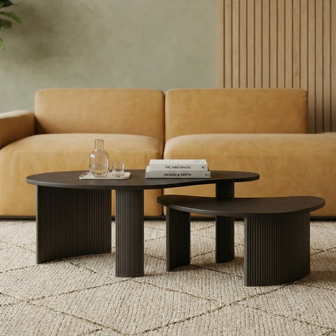 Oval Nesting Coffee Tables (Set of 2) – Black PU Finish for Living Room