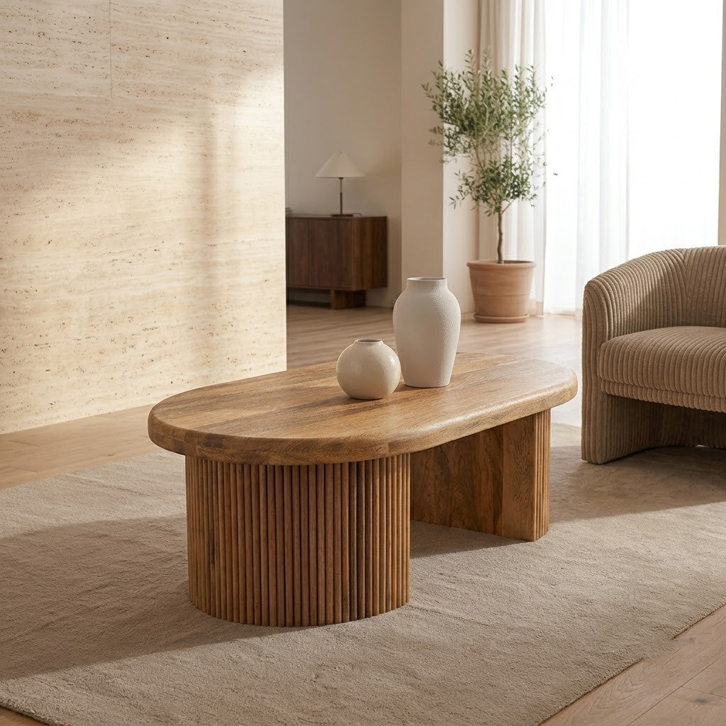 Oval Wood Coffee Table with Sculptural Slab Legs | Warm Natural Grain | PRITI