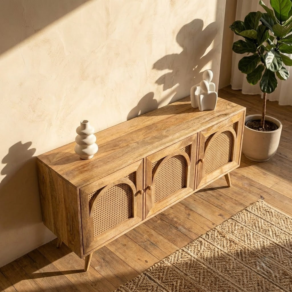 PRITI 160 CM Wooden TV Unit – Stylish Mango Wood Entertainment Console
