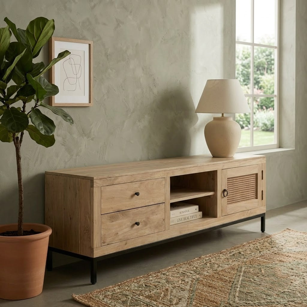 PRITI 180 CM Mango Wood TV Unit – Cane Panel Media Console for Living Room