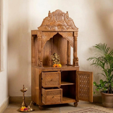 PRITI 180 cm hand-carved mango wood mandir for home