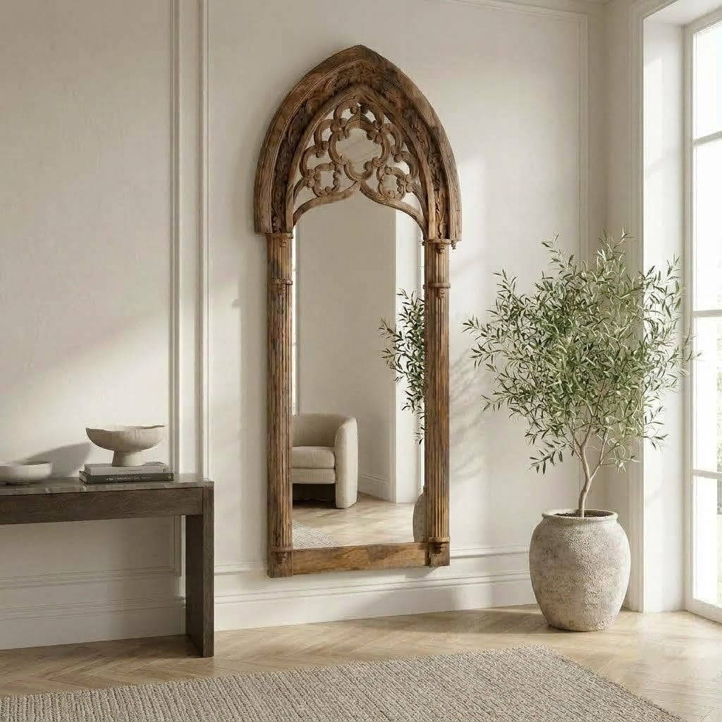 PRITI 197 cm hand-carved mango wood arch mirror