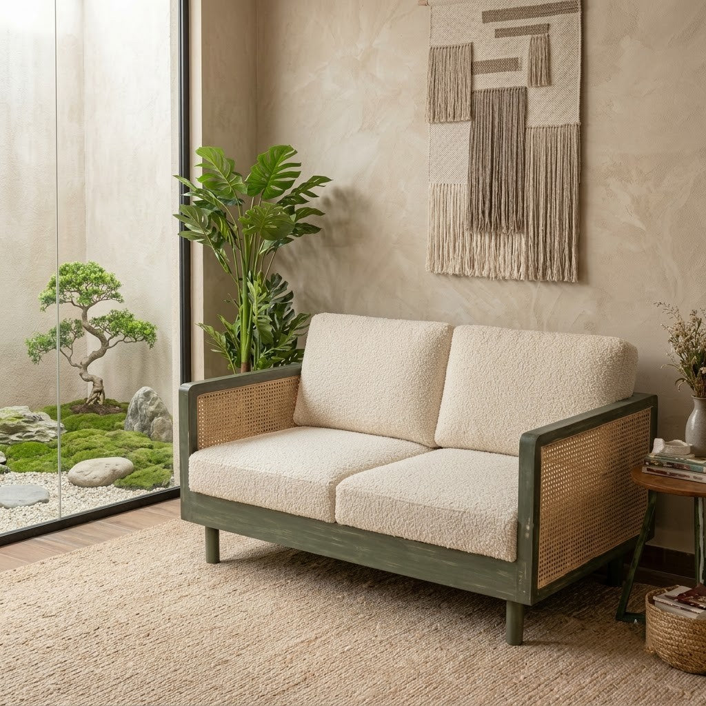 PRITI 2-seater living room sofa with cane sides and crème boucle upholstery