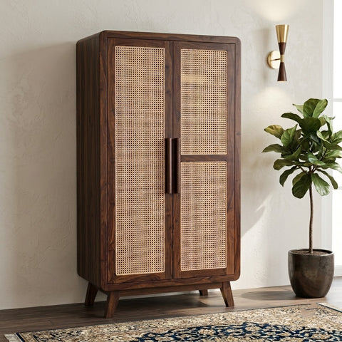 PRITI 2 Door Wooden Cupboard for Clothes | Cane Design