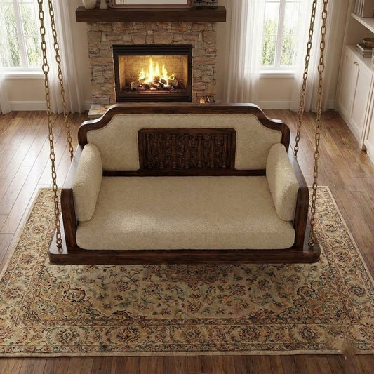 PRITI 2 Seater Dark Walnut Sheesham Wood Swing Chair with Crème Boucle
