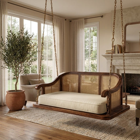 PRITI 2 Seater Sheesham Wood Jhula with Dark Walnut Finish & Crème Boucle Seat