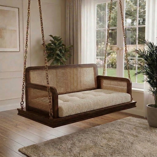 PRITI 2 Seater Sheesham Wood Swing Chair with Crème Boucle Upholstery