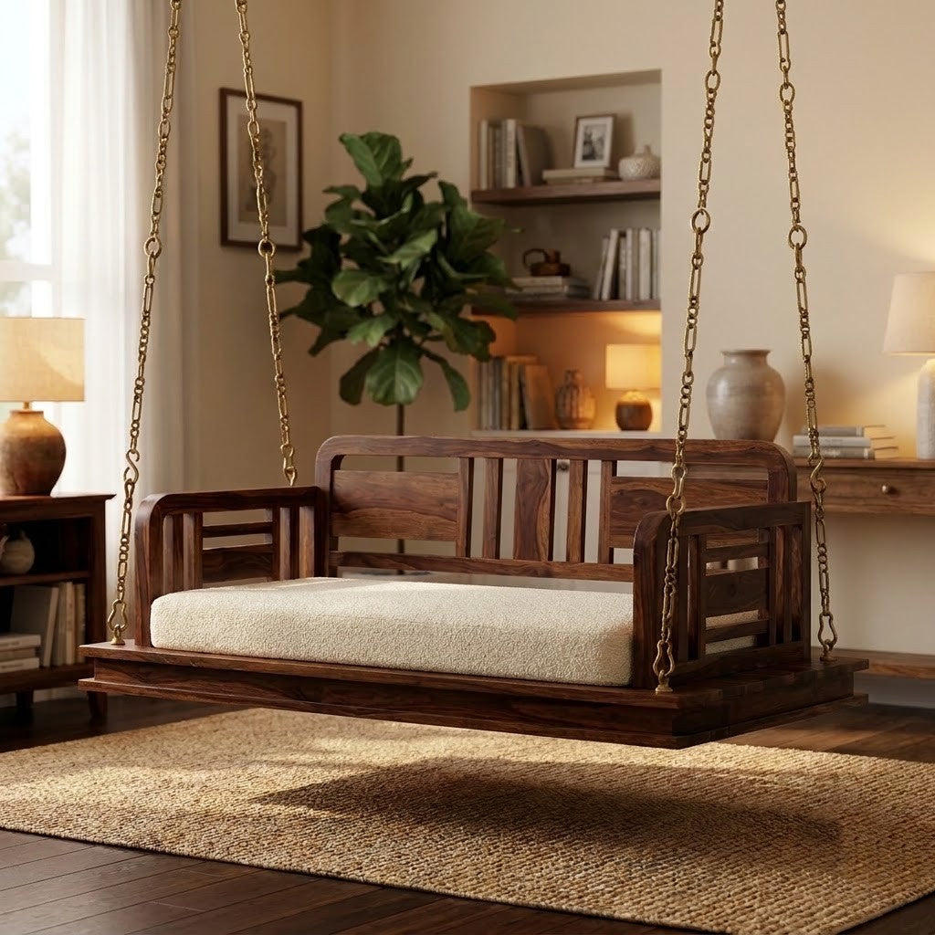 PRITI 2 Seater Sheesham Wood Swing Chair with Dark Walnut Finish