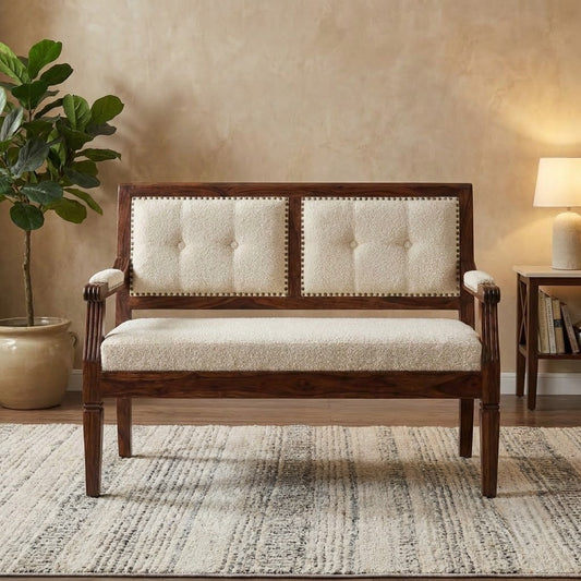 PRITI 2 Seater Wooden Bench for Living Room with Crème Boucle Upholstery