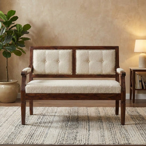 PRITI 2 Seater Wooden Bench for Living Room with Crème Boucle Upholstery