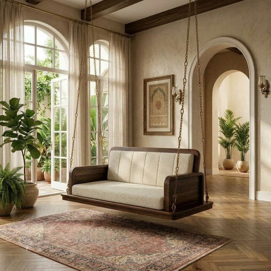 PRITI 2 Seater Wooden Swing with Crème Boucle Upholstery