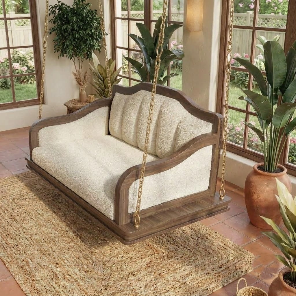 PRITI 2 seater Dark Walnut Sheesham wood swing with crème boucle upholstery