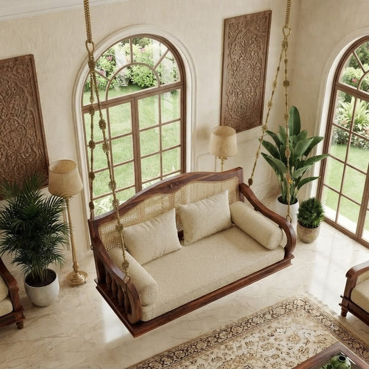 PRITI 2 seater Sheesham wood swing with Crème Boucle upholstery