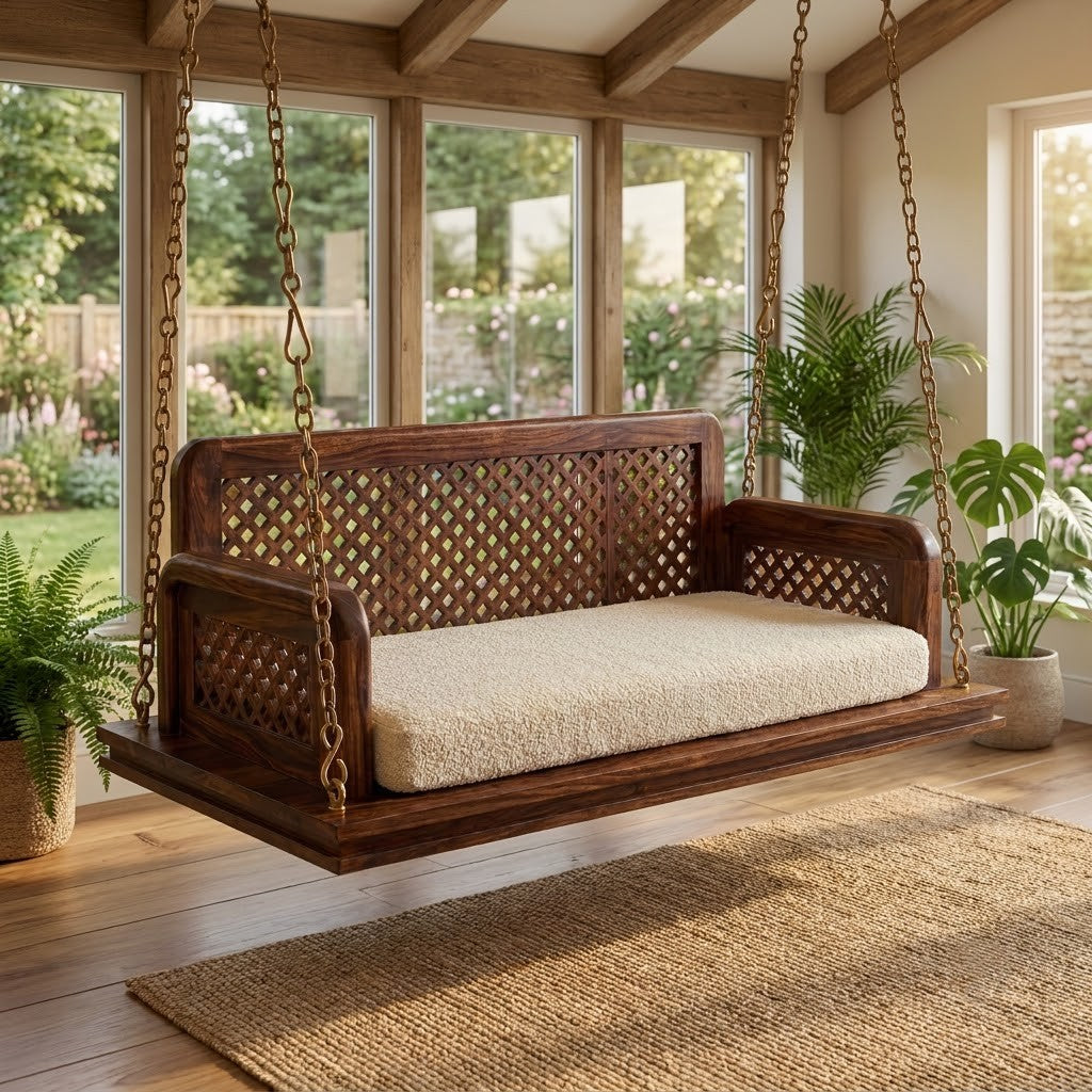 PRITI 2 seater Sheesham wood swing with Dark Walnut finish and boucle seat