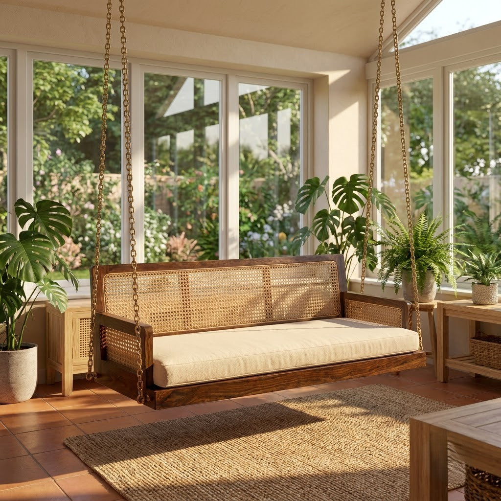 PRITI 2 seater wooden jhula featuring cane backrest and crème upholstered cushion