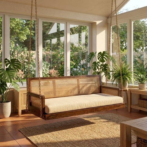 PRITI 2 seater wooden jhula featuring cane backrest and crème upholstered cushion