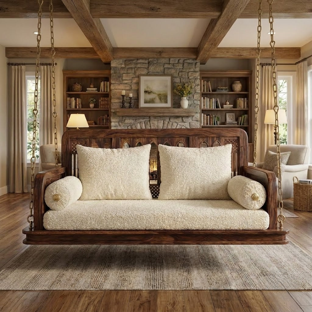 PRITI 2 seater wooden swing chair in dark walnut Sheesham wood finish