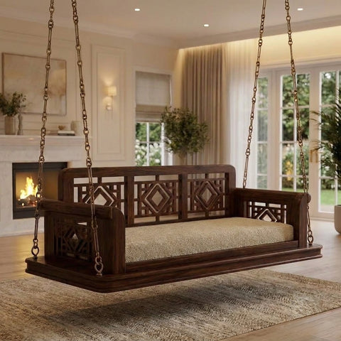 PRITI 2 seater wooden swing with Dark Walnut Sheesham wood and crème boucle