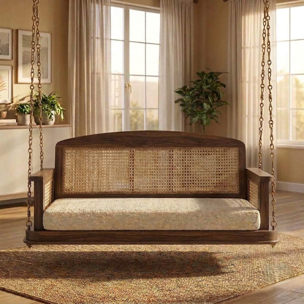 PRITI 2 seater wooden swing with crème boucle fabric and Dark Walnut Sheesham wood