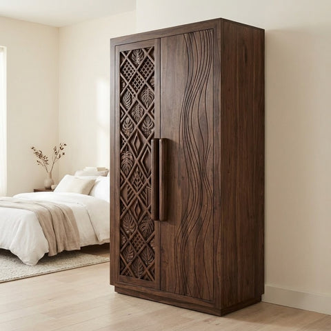 PRITI 36 Inch Dark Walnut Wooden Clothes Cabinet