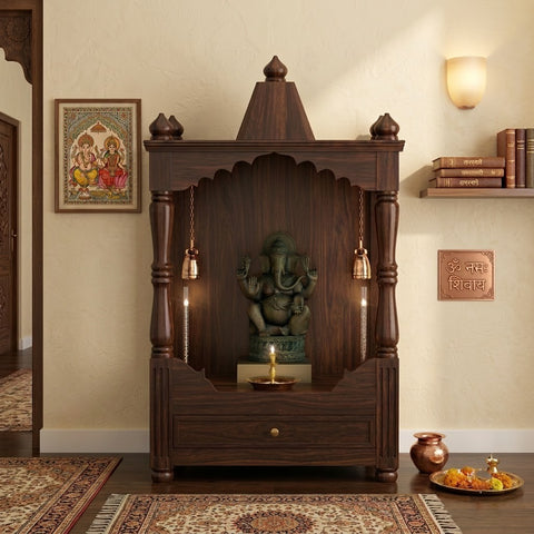 PRITI 38 inch Sheesham wood home temple in Walnut Finish