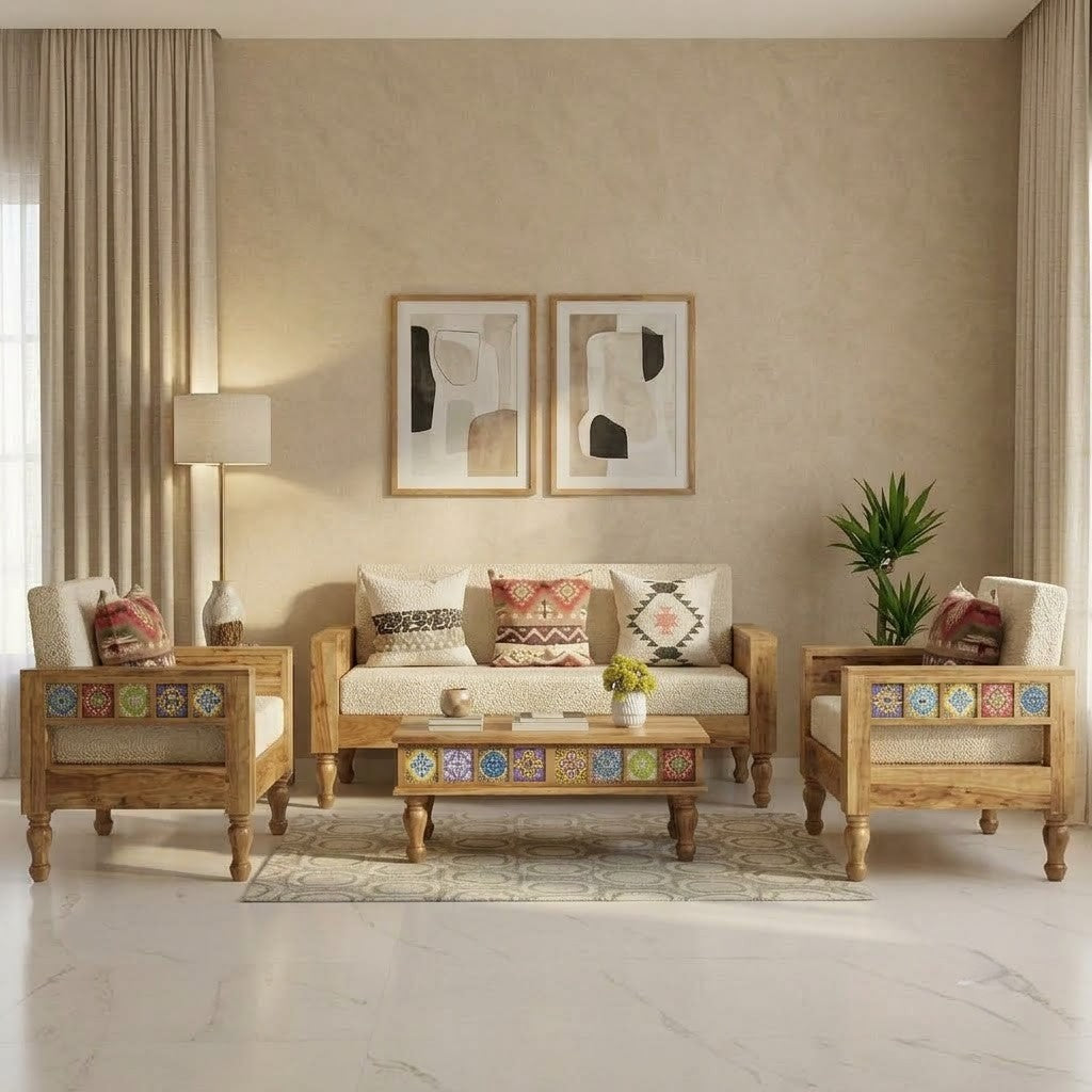 PRITI 3+1+1 Sheesham wood sofa set with Crème Boucle