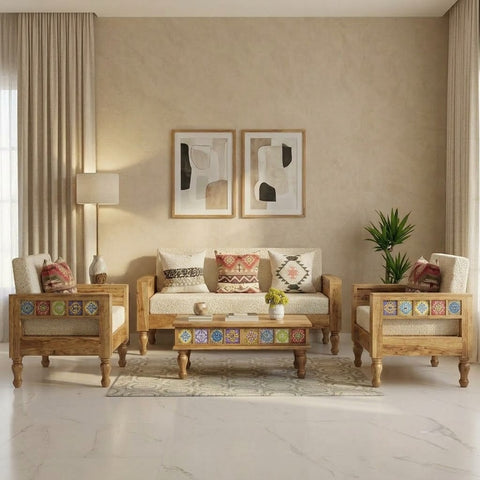 PRITI 3+1+1 Sheesham wood sofa set with Crème Boucle