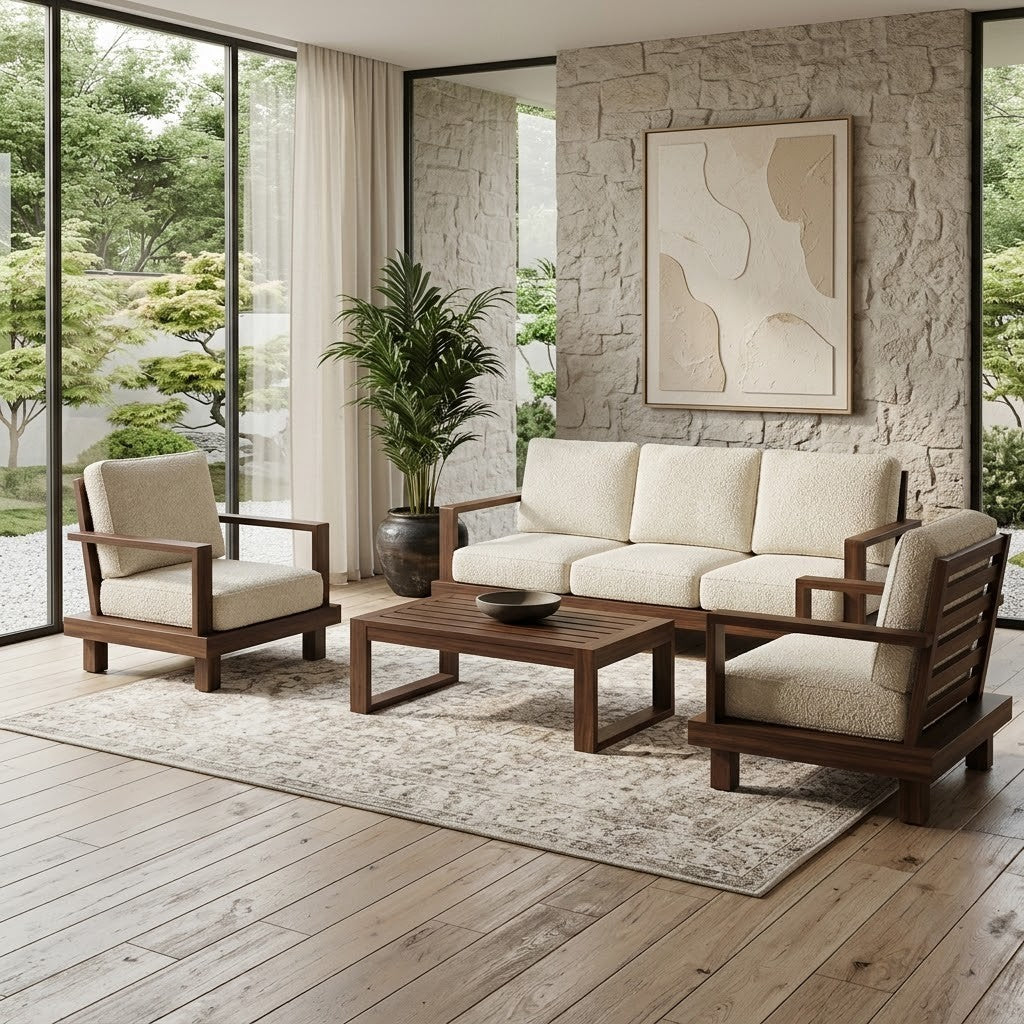 PRITI 3+1+1 Wooden Sofa Set with Crème Bouclé