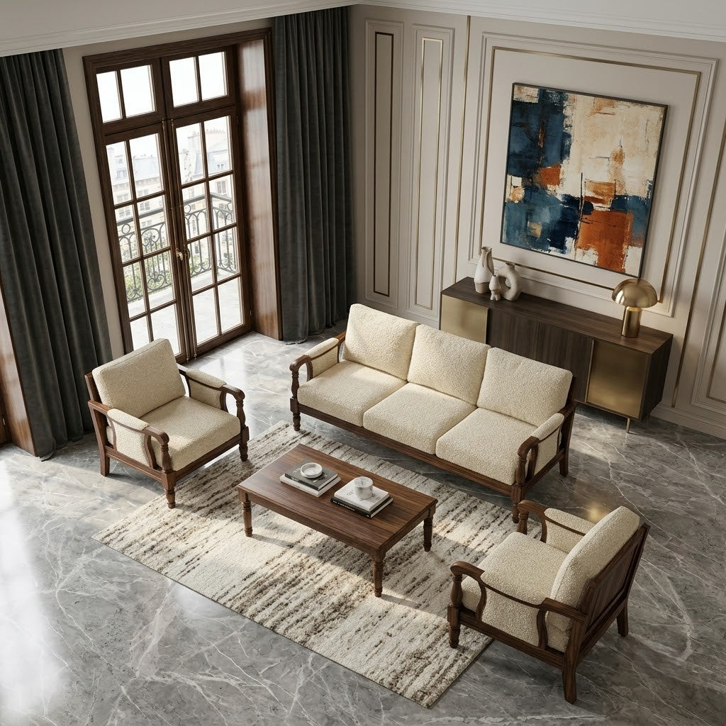 PRITI 3+1+1 Wooden Sofa Set with Crème Bouclé