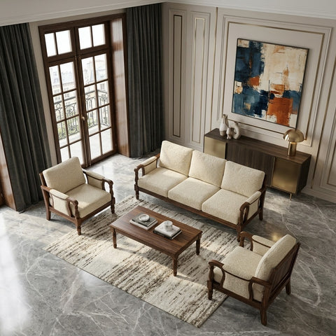 PRITI 3+1+1 Wooden Sofa Set with Crème Bouclé