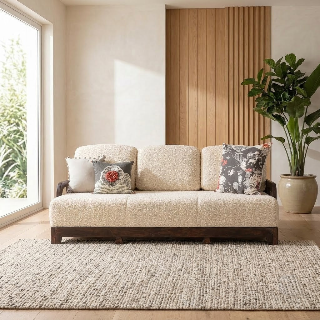 PRITI 3 seater Acacia wood sofa with Crème Boucle fabric upholstery
