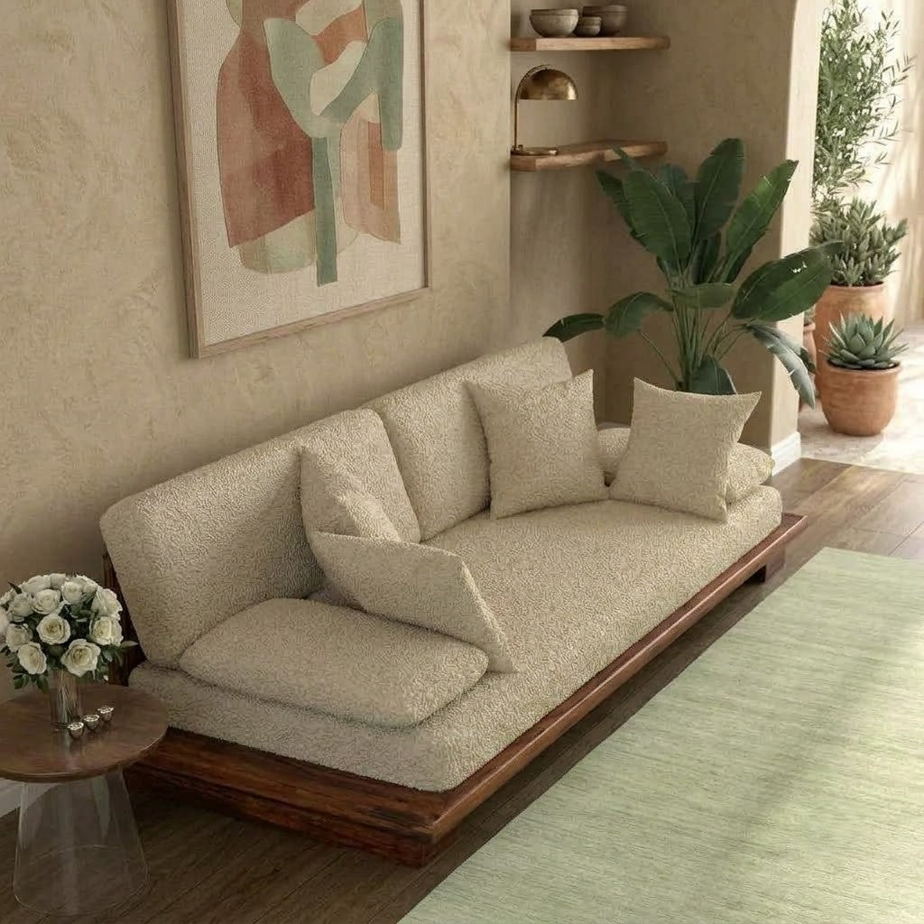 PRITI 3 seater wooden sofa with Honey Finish and upholstered cushions