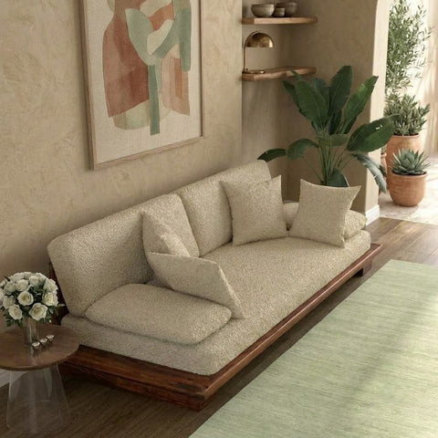 PRITI 3 seater wooden sofa with Honey Finish and upholstered cushions