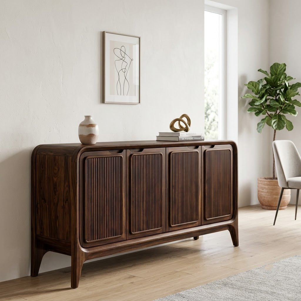 PRITI 4-Door Fluted Sideboard in Walnut Finish