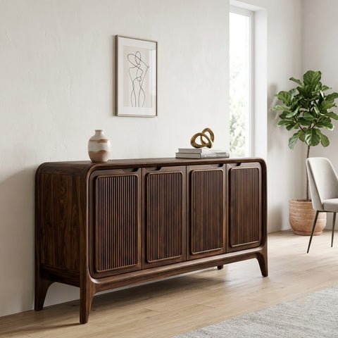 PRITI 4-Door Fluted Sideboard in Walnut Finish