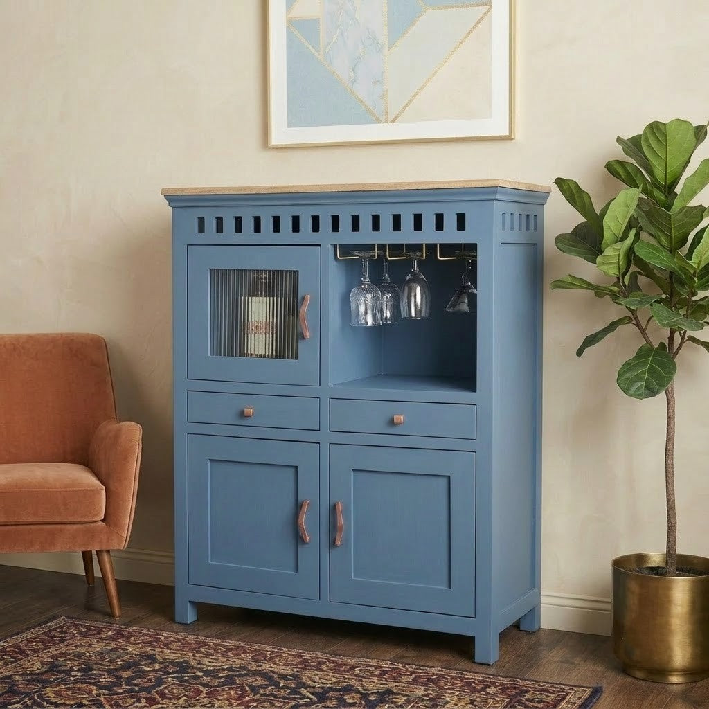 PRITI 4-Door Mango Wood Bar Cabinet | Stylish Home Bar Storage Furniture