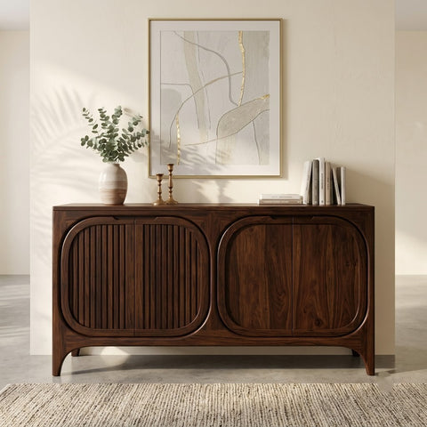 PRITI 4-Door Sideboard – Fluted & Solid Wood Panels, 152cm