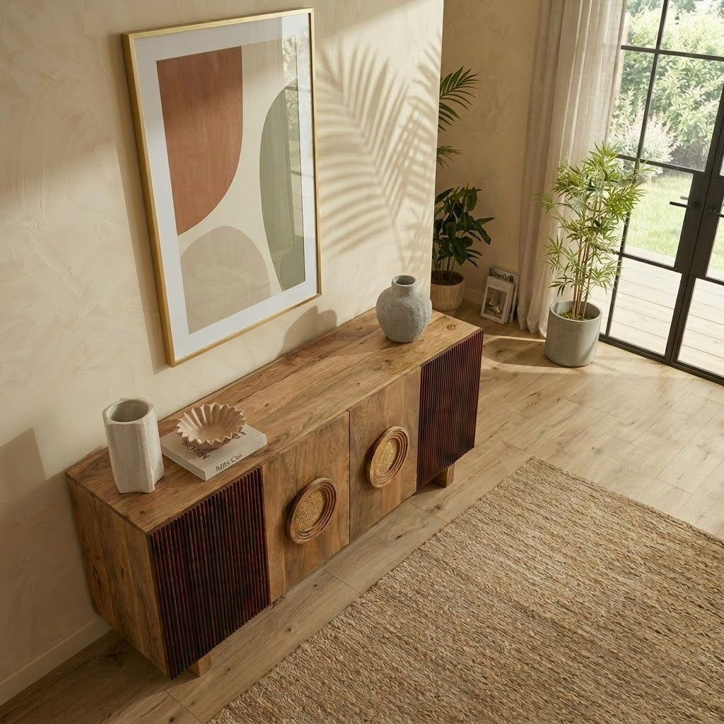 PRITI 4-Door Wooden Sideboard with Rattan