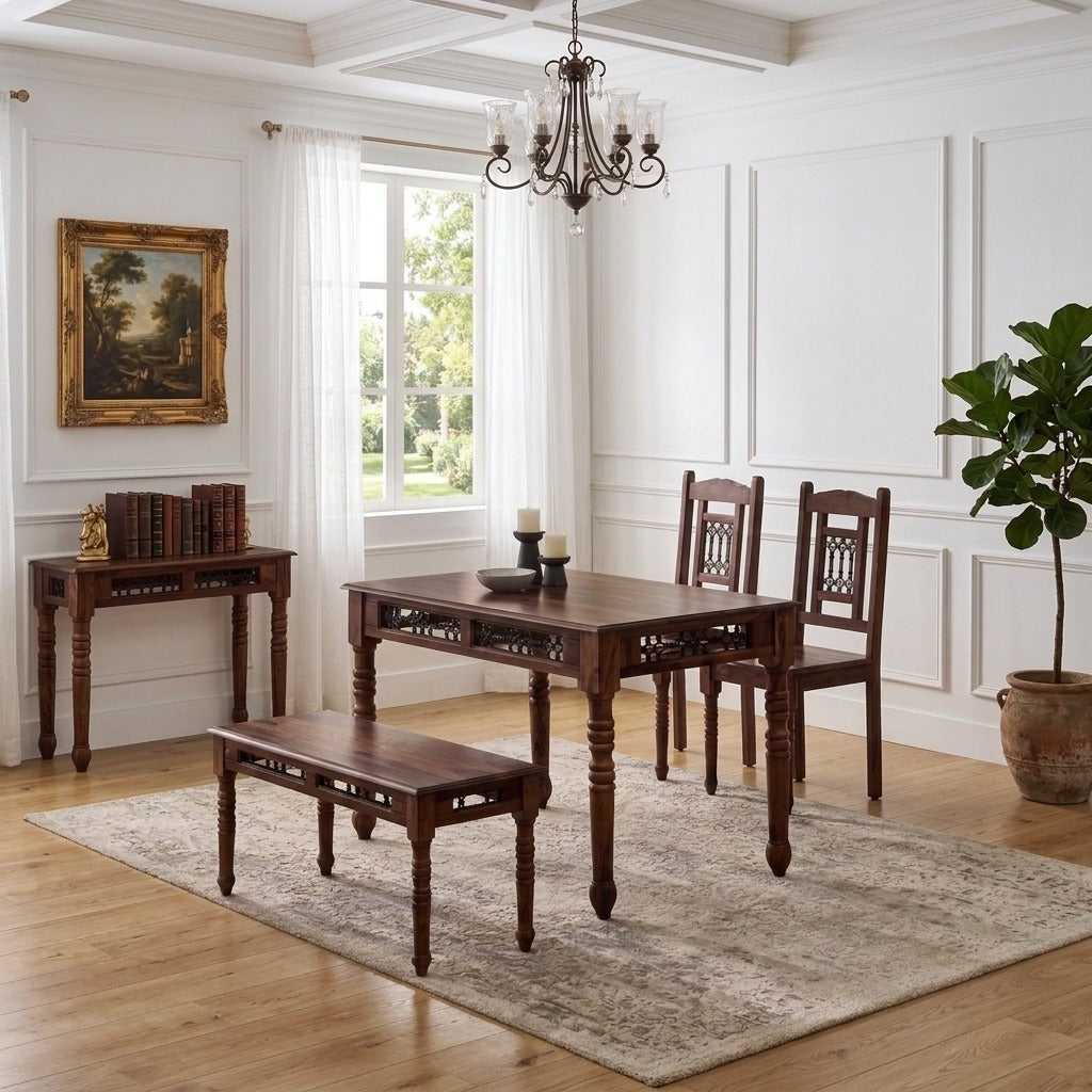 PRITI 4-Seater Dining Table Set in Sheesham Wood with Bench & Chairs – Brown