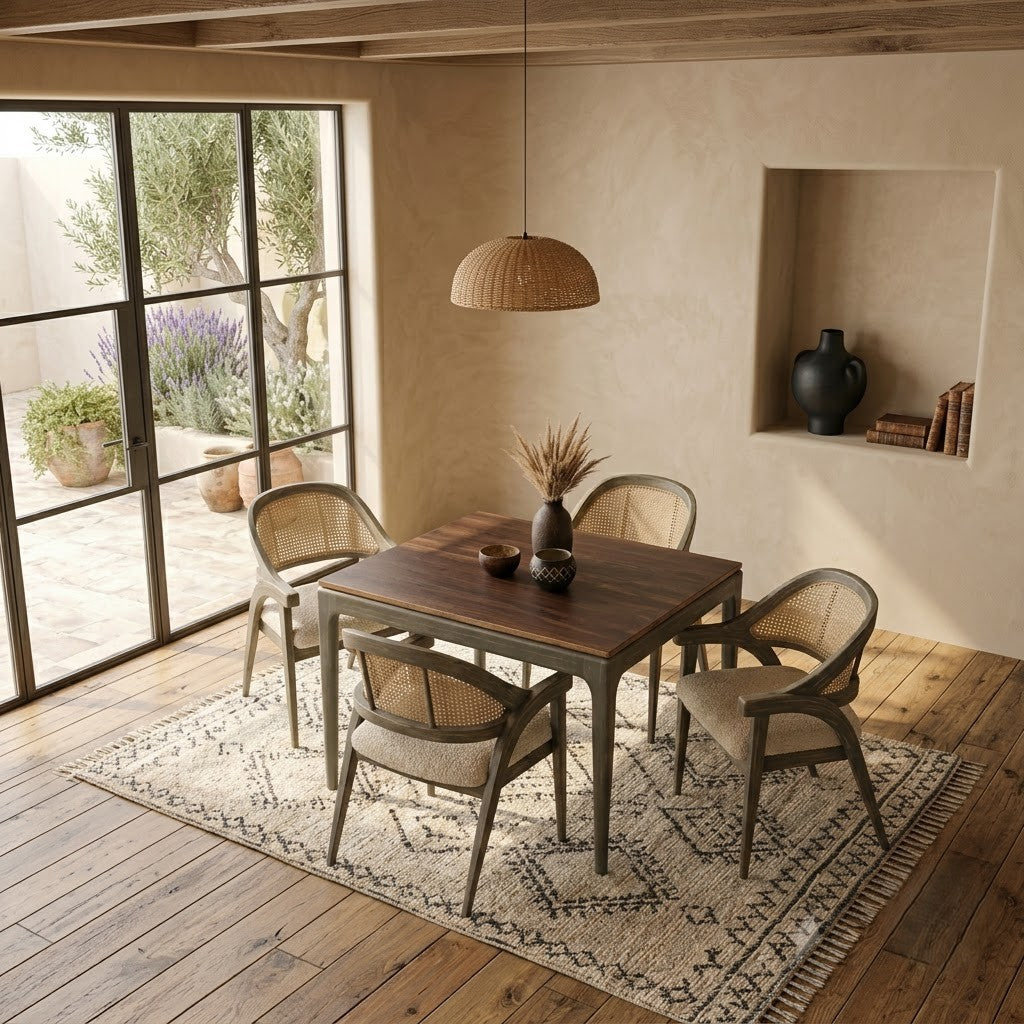 PRITI 4 Seater Dining Table Set in Teak & Green Distress Finish with Cane Chairs