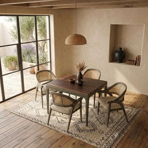 PRITI 4 Seater Dining Table Set in Teak & Green Distress Finish with Cane Chairs