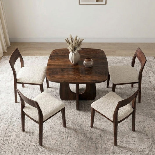 PRITI 4 Seater Solid Wood Dining Table Set with Clarke Dining Chairs – Dark Walnut Sheesham Finish & Cream Boucle Upholstery