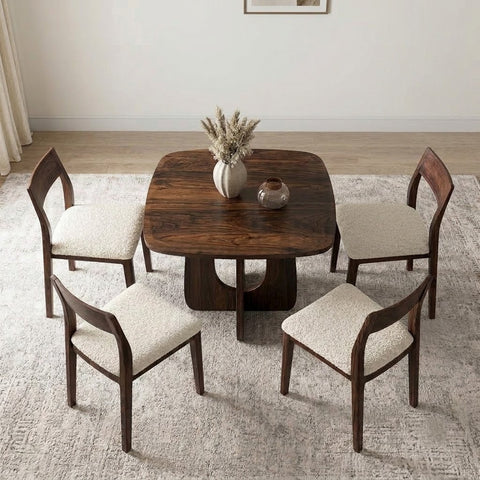 PRITI 4 Seater Solid Wood Dining Table Set with Clarke Dining Chairs – Dark Walnut Sheesham Finish & Cream Boucle Upholstery