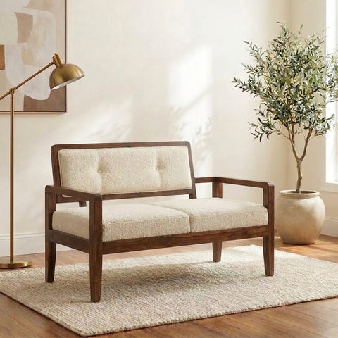 PRITI 60 inch Sheesham wood bench with comfortable crème boucle seating