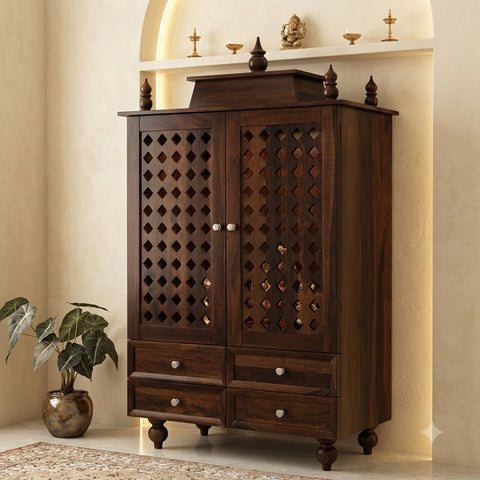 PRITI 60 inch tall Sheesham wood home temple in Walnut Finish