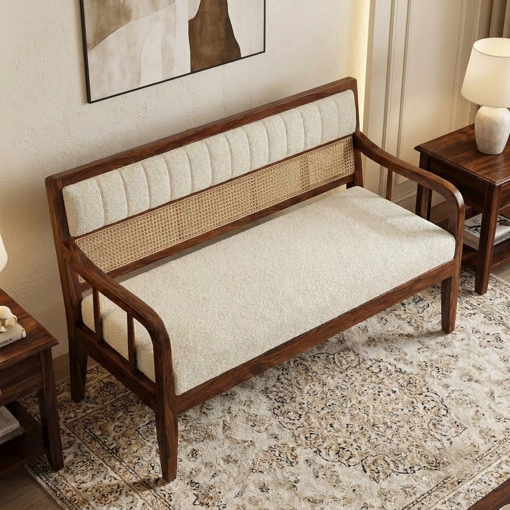 PRITI 60 inch wooden bench with crème boucle cushioned seat