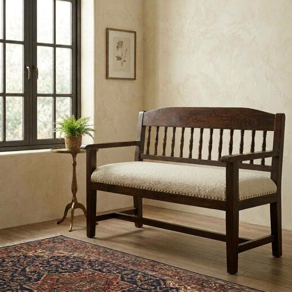 PRITI 60 inch wooden bench with crème boucle seating