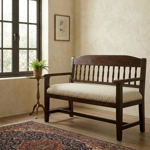 PRITI 60 inch wooden bench with crème boucle seating