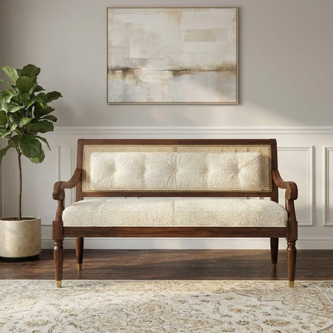 PRITI 60 inch wooden seating bench with crème boucle cushion