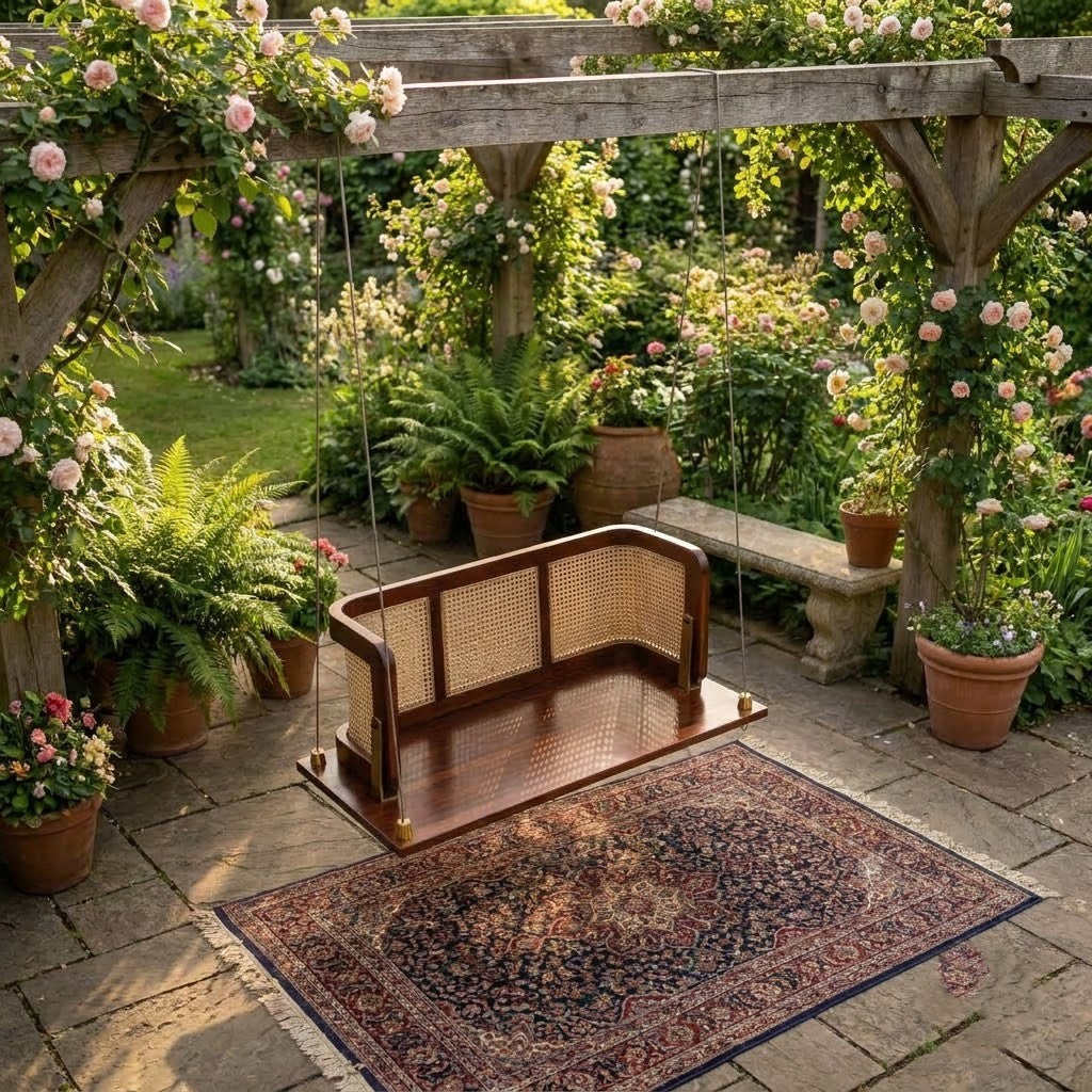 PRITI 60 inch wooden swing with traditional cane backrest
